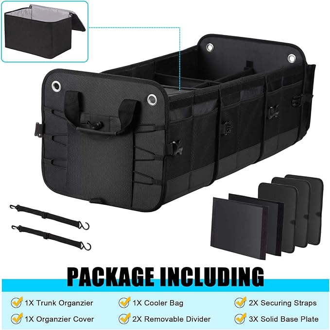 Large Trunk Organizer for Car, SUV, Truck with Removable Cooler Bag-Collapsible Multi Compartments w/Foldable Cover, Non Slip