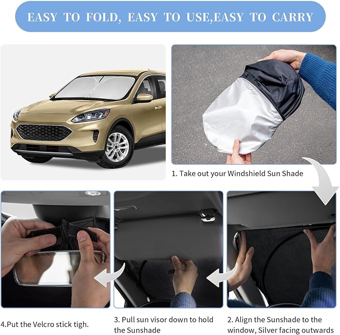 for Ford Escape 2020-2025 2026 Sun Shade Sunshade Windshield Cover, 4-Layer Front Window Shade Custom Fit Escape S SE SE Sport Hybrid SEL Titanium Sun Visor 240T Shade Blocks UV Rays Car Accessories