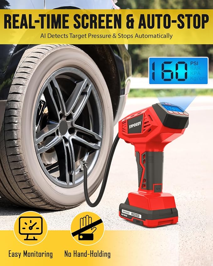 Tire Inflator Portable Air Compressor, 160PSI Cordless Handheld Tire Pump with 20V Battery & 12V DC Dual Power, 4X Faster Inflation, Auto Shut Off, Digital Gauge for Car, Motorcycle, Bicycle, E-Bike