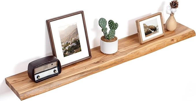 Floating Shelves for Wall Decor, Rustic Solid Elm Wood Live Edge Floating Shelves Wall Mounted, Wall Shelves with Invisible B