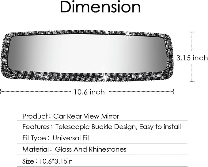 Bling Rhinestone Car Rearview Mirror - Car Accessories Crystal Diamond Decor for Women - Stylish Automotive Interior Accessory (Black)