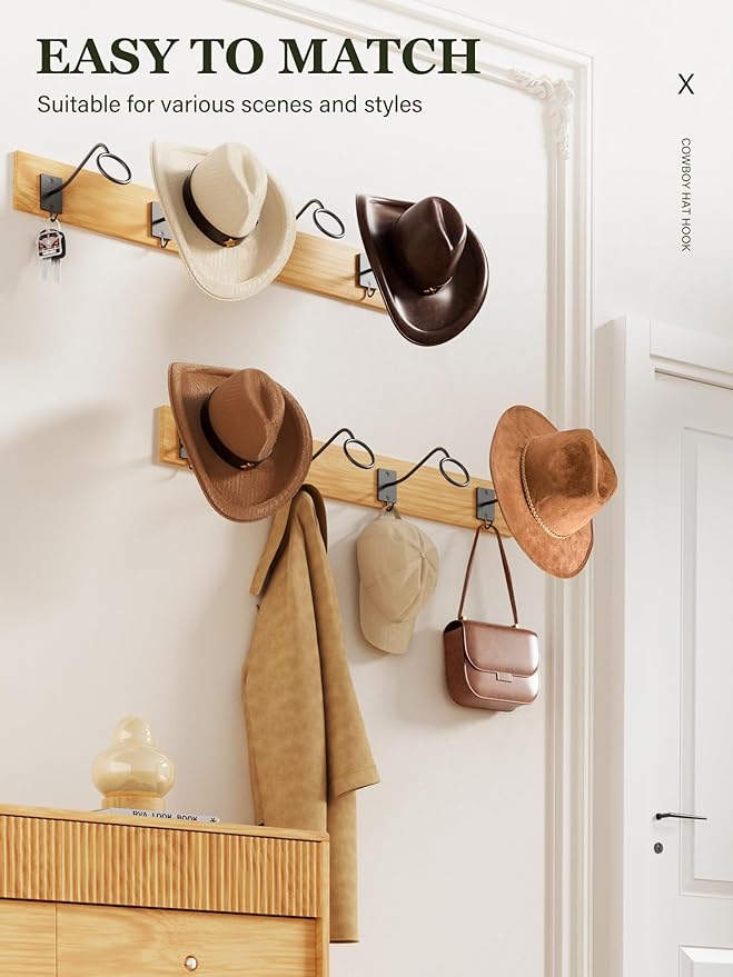 Cinati Cowboy Hat Rack for Wall 8 Pack, Cowboy Hat Holder Wall Mount, Western Rustic Metal Hats Hanger Hooks Organizer for Fe