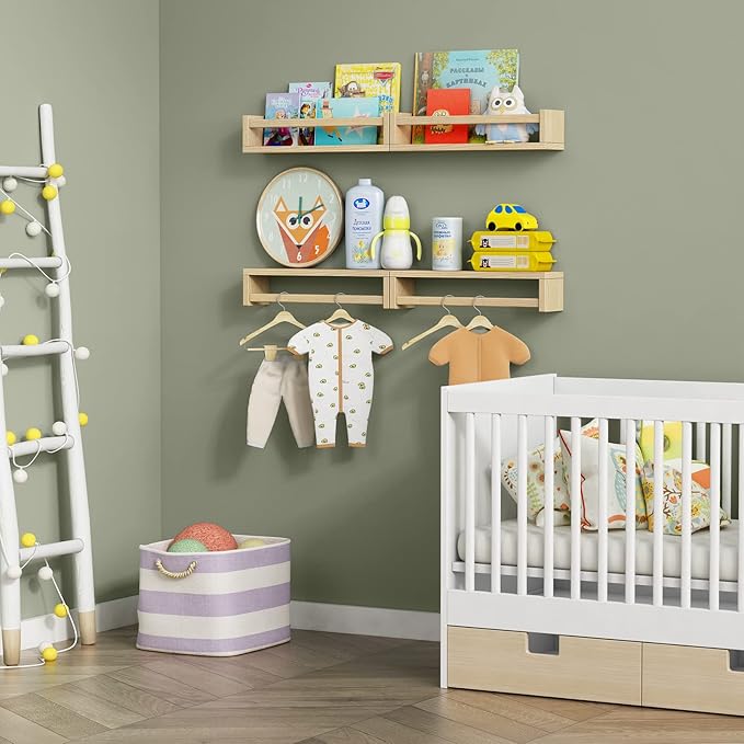 Forbena Natural Wood Nursery Book Shelves Wall Mounted, Floating Bookshelf for Kids Room, Toys and Books Storage Organizer Bo