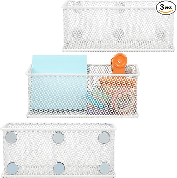 EASEPRES Magnetic Pencil Holder Set of 3 - Wire Mesh Storage Baskets Organizer with Strong Magnets - Perfect for Whiteboard, 