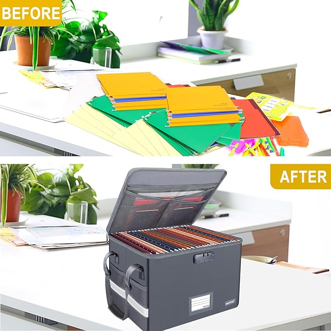 ENGPOW File Box with Lock, Fireproof Document Box with Pockets, Collapsible File Organizer Filing Storage Cabinet with Handle