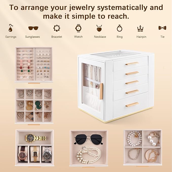 Homeanda Jewelry Box for Women with Glass Lid, 5 Drawers Jewelry Organizer and Storage for Necklaces, Rings, Earrings, Bracel