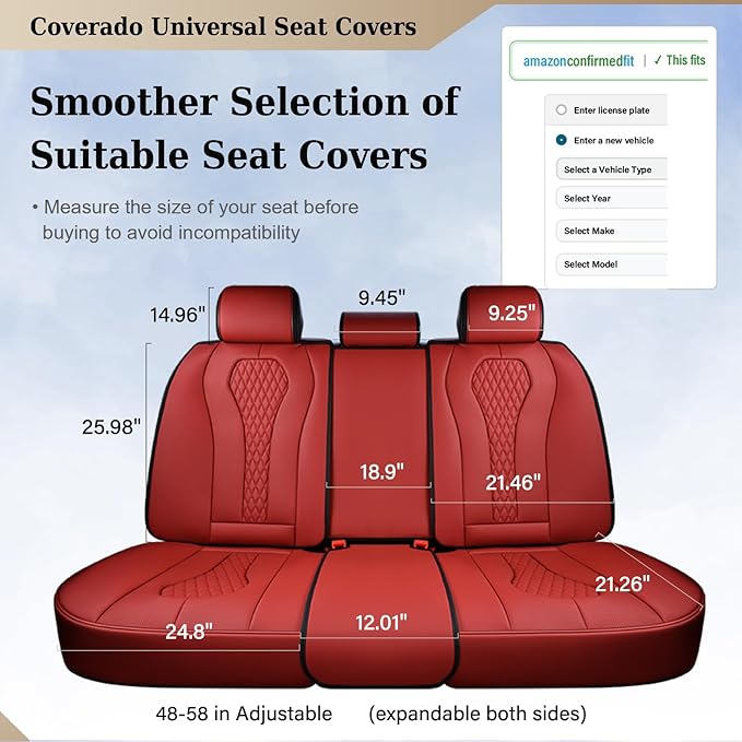 Coverado Car Seat Covers, Rear Car Seat Cover, 3-Pieces Leather Seat Cover, Red Car Seat Cushion, Luxury Seat Cover Seat Prot