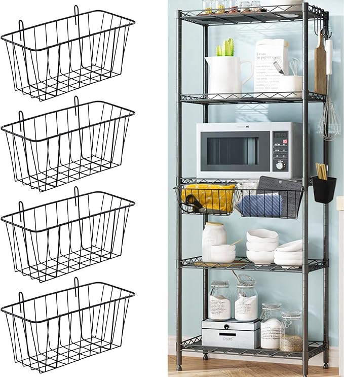 4 Pack Large Grid Wall Baskets with S-Hook - Gridwall Accessories Set Black Metal Hanging Shelf Basket Bins Organizer - Modul