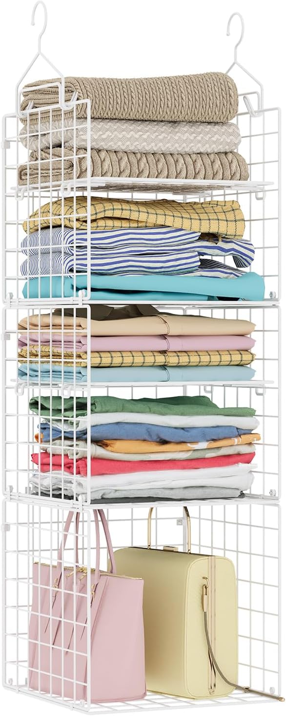 X-cosrack Closet Hanging Organizer and Storage - 5 Tier Hanging Shelves, Wire Closet Shelf Organizer Basket with Adjustable D