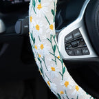 Embroidered Flowers White Cute Daisy Steering Wheel Cover Auto Anti-Slip Breathable Rubber Steering Wheel Protector,Floral Car Accessories for Women,Universal Size Fit Most Cars -15 inch