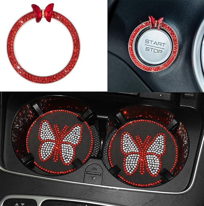 Dotesy 16 Pcs Bling Car Steering Wheel Cover Set with Crystal Seatbelt Shoulder Pads Diamond Butterfly Car Accessories for Women (Red)