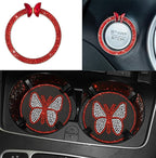 Dotesy 16 Pcs Bling Car Steering Wheel Cover Set with Crystal Seatbelt Shoulder Pads Diamond Butterfly Car Accessories for Women (Red)