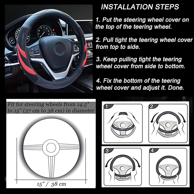 Alusbell Microfiber Leather Steering Wheel Cover Breathable Auto Car Steering Wheel Cover for Women and Men Universal 15 Inch