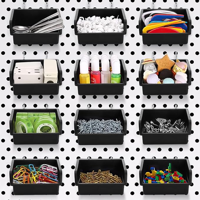 Foraineam 16 Pack Pegboard Bins with Metal Hooks, Black Garage Workbench Bins Cups Peg Board Accessories Kit, Pegboard Tools 