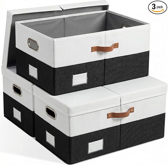 PRANDOM Storage Bins with Lids [3-Pack] Linen Fabric Foldable Storage Boxes Organizer Containers Baskets Cube with Cover for 