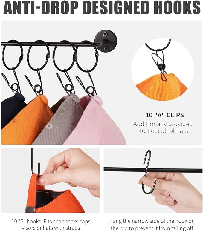 Livelab Hat Rack for Wall, Hat Organizer for Baseball Caps with 10 Hooks+10 Clips, 2 Pack Modern Metal Hat Storage Wall-Mount