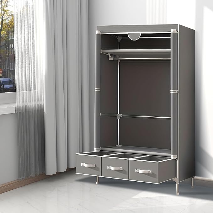 Portable Wardrobe Closet with Shelves & Drawers - Light Grey Oxford Fabric Clothes Organizer for Bedroom, Dorm Room - Waterpr