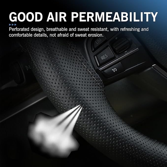 Car Steering Wheel Cover, DIY Hand-sewn Genuine Anti-slip Protector with Needle and Thread, Breathable Perforated Comfortable