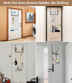 Broom Holder Over The Door-304 Stainless Steel Mop and Broom Holder Wall Mounted or Hanging Over The Door with Hooks - Broom 