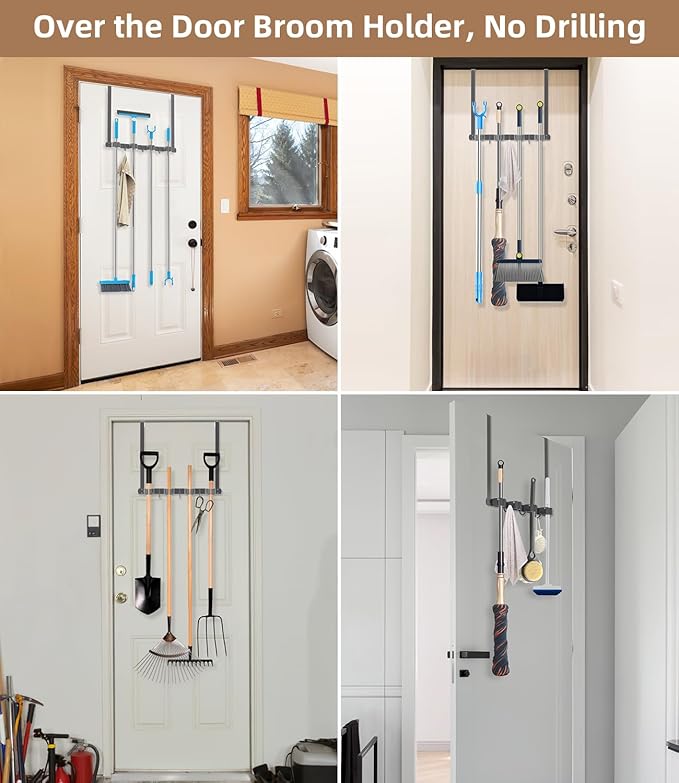 Broom Holder Over The Door-304 Stainless Steel Mop and Broom Holder Wall Mounted or Hanging Over The Door with Hooks - Broom 