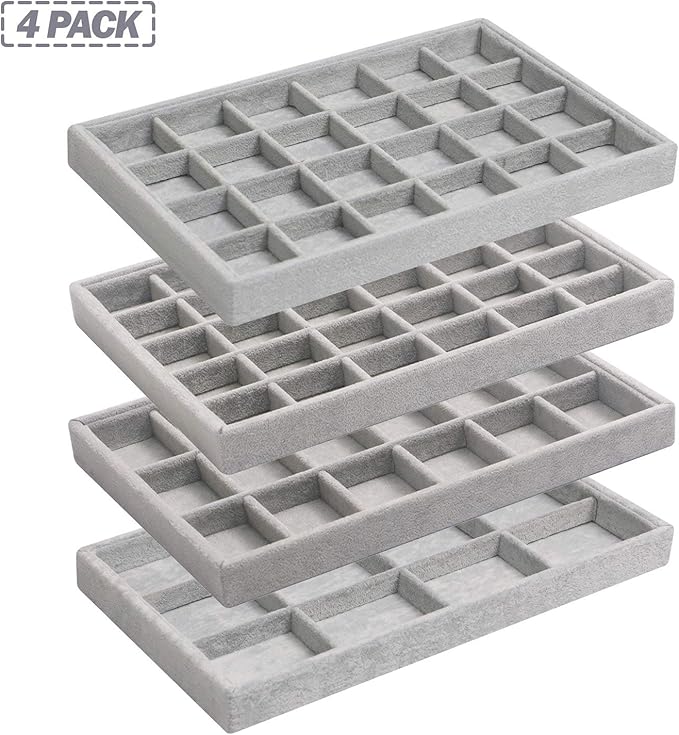 DIOMMELL Set of 4 Stackable Velvet Jewelry Trays Organizer, Jewelry Display Storage Box Showcase Holder Dresser Drawer Organi