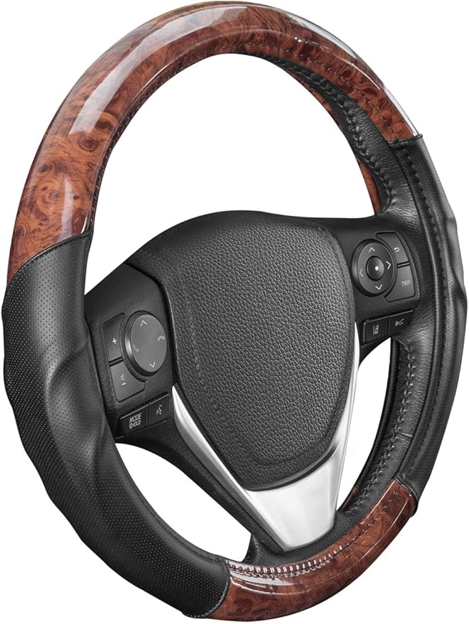 BDK Dark Wood Grain Steering Wheel Cover with Black Faux Leather Comfort Grip, Standard 15 inch Size, Car Steering Wheel Cove