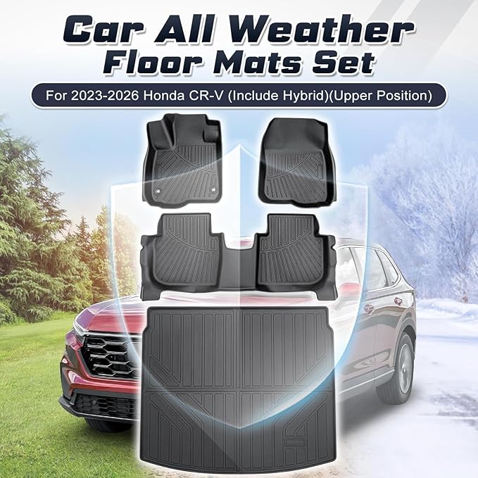 Sunsdrew Floor Mats Cargo Liner for 2023-2025 2026 Honda CR-V (Include Hybrid), All Weather Floor Liners & Rear Trunk Mat for CRV Accessories TPE Rubber Raised Edge (Trunk Deck in Upper Position)