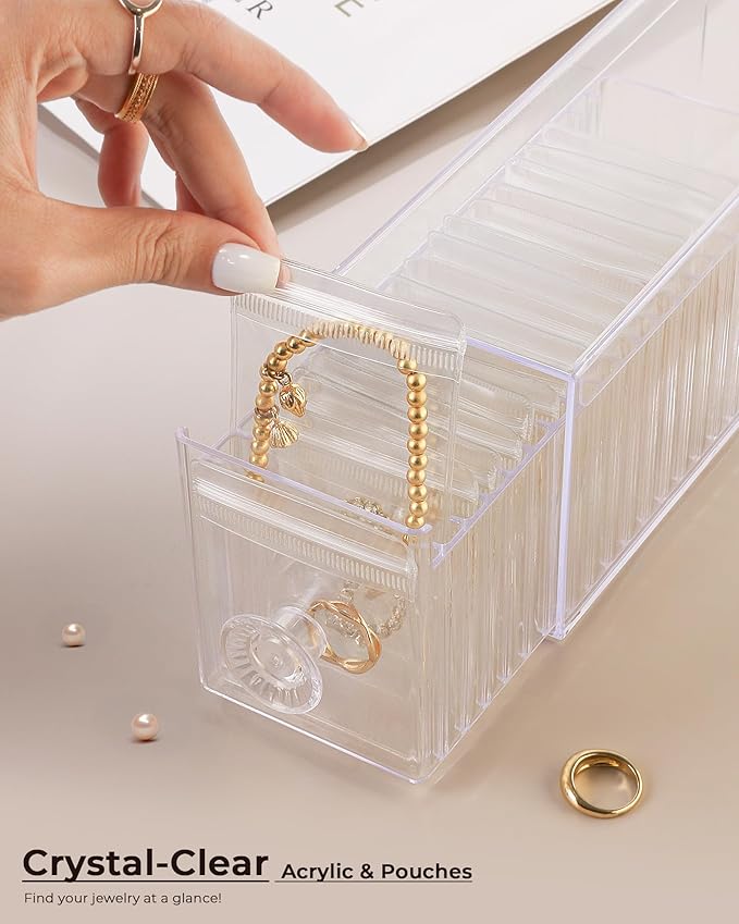 HOMEHIVE Clear Acrylic Jewelry Organizer Box with 20 Portable Pouches, Jewelry Storage Case for Women Girls, Tangle-Free, Ant