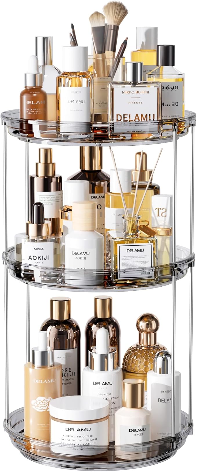 Delamu 3 Tier Rotating Makeup Organizer for Vanity, Skincare Organizer for Bathroom Counter, Spinning Perfume Organizer Cosme