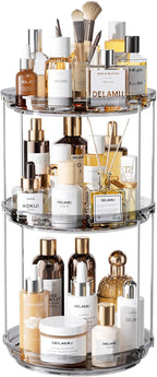 Delamu 3 Tier Rotating Makeup Organizer for Vanity, Skincare Organizer for Bathroom Counter, Spinning Perfume Organizer Cosme