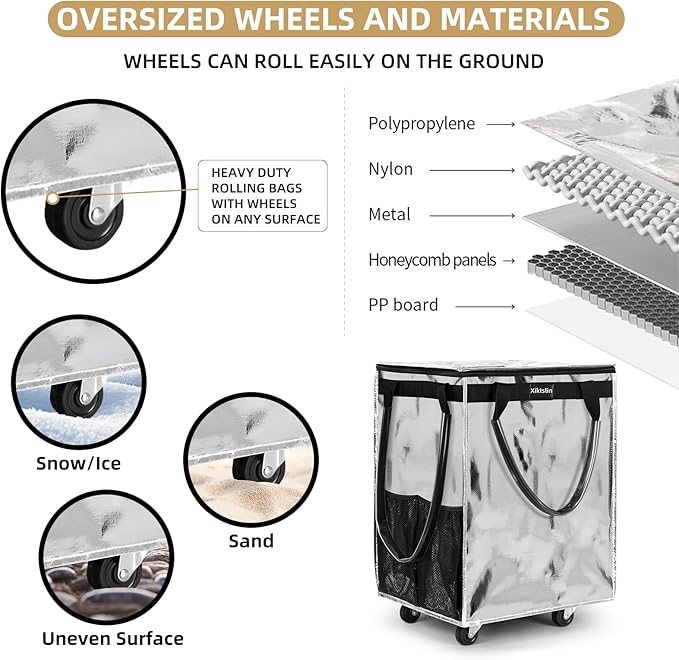(Medium, Starlight Silver)Reusable Grocery Bag on 4 Wheels,Foldable Rolling Tote Carries Up to 66lb Shopping Trolley,Rolling Bag with 3 Handles,Zipper Clouser Rolling Tote Bag with Wheels for Laundry
