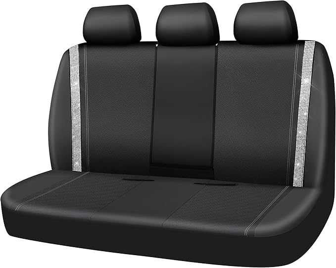 CAR PASS Bling Rhinestone&Leather Back Seat Cover, Waterproof Bench Rear Seat Cover Shining Diamond Universal Fit Automotive Glitter Crystal Sparkle Strips for Kid Women Girl, Silver Diamond