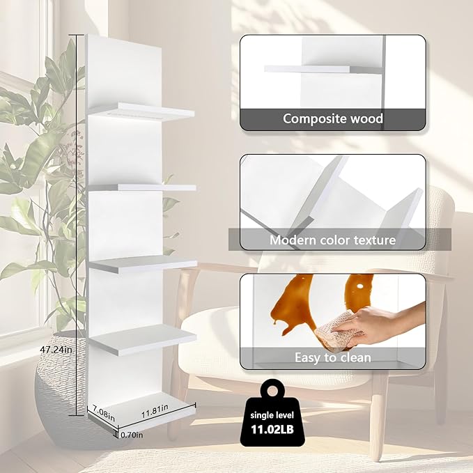 5 Tier Wall Shelf Unit, White Shelves,Lack Shelf, Wall Shelves for Bedroom，Office,Bathroom, Vanity Shelves with LED Light