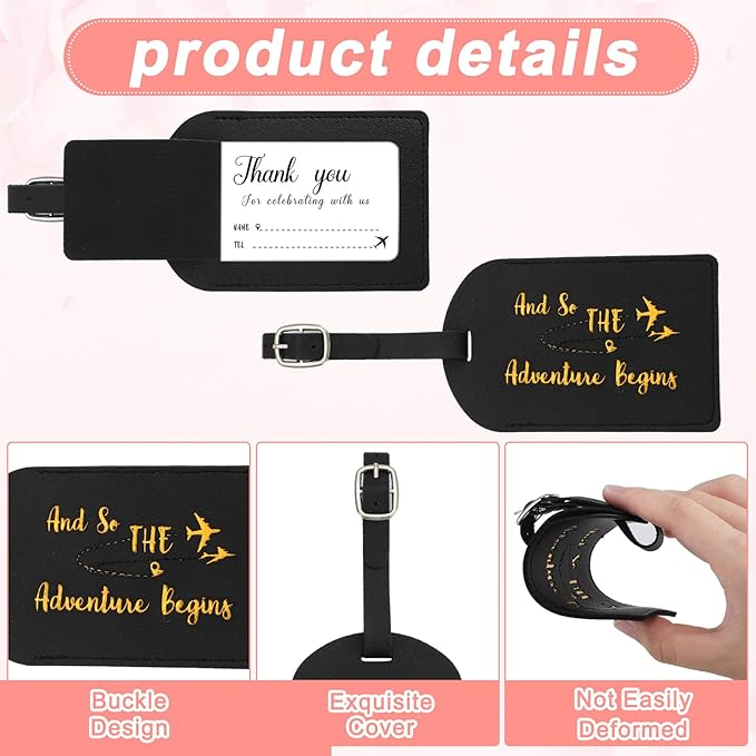 Sweetude 48 Sets Leather Luggage Tag Bulk and So The Adventure Begins Luggage Tags with Name Card for Wedding Bridal Shower B