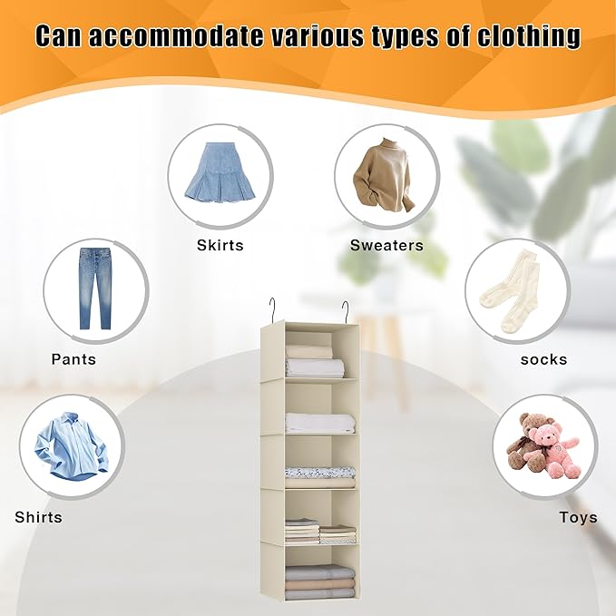 Hanging Closet Organizer, Easy Mount Foldable 5-Shelf Hanging Closet Wardrobe Storage Shelves, Clothes Handbag Shoes Accessor