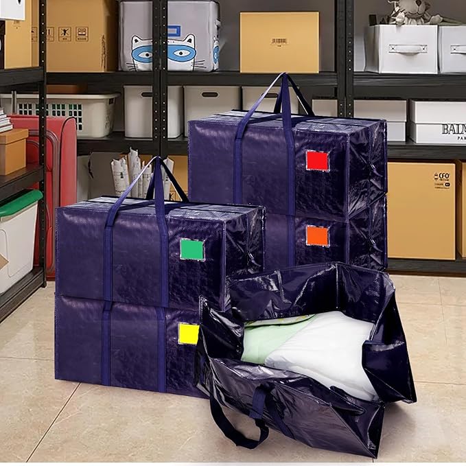 12 Pack Moving Bags with Full-Open Side Zipper, Extra Large 93L Heavy Duty Waterproof Foldable Storage Totes for College