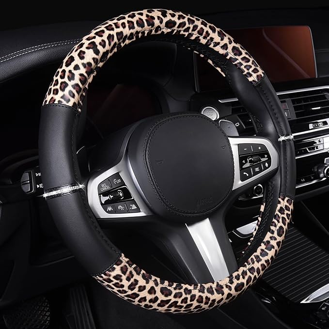 AUTOYOUTH Leopard Steering Wheel Cover - Bling Crystal Rhinestones Cheetah Print on Leather Non-Slip Breathable Design for Wo