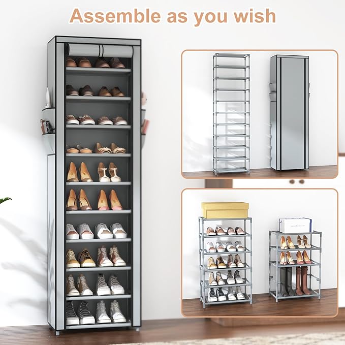 VTRIN Vertical Narrow Shoe Rack Organizer Tall Shoe Rack for Closet Entryway 10 Tier Non-Woven Cover Shoe Shelf Holds 20-22 P