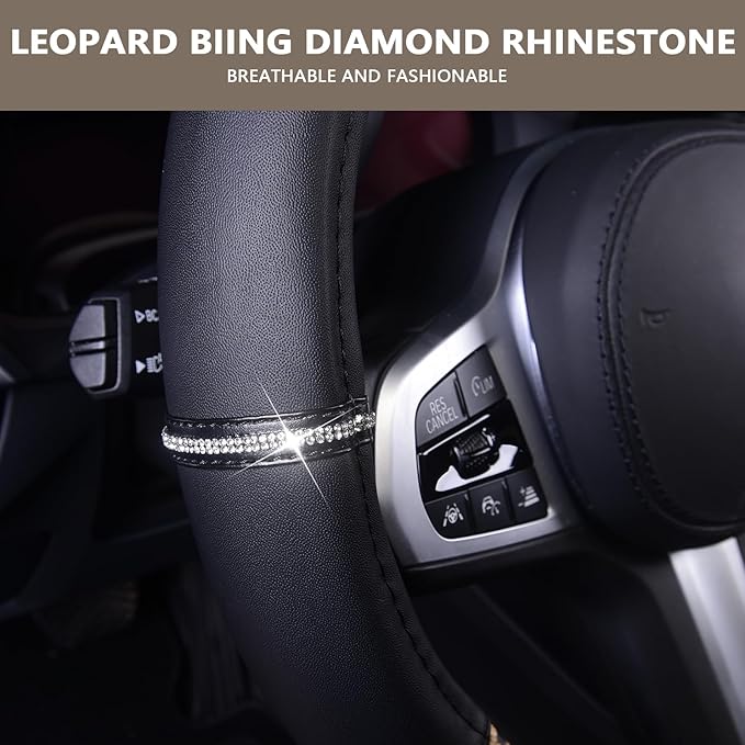 AUTOYOUTH Leopard Steering Wheel Cover - Bling Crystal Rhinestones Cheetah Print on Leather Non-Slip Breathable Design for Wo