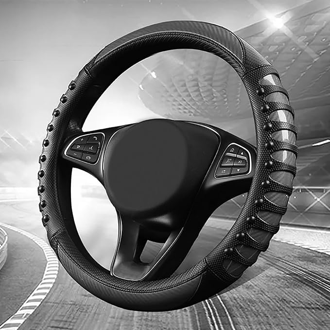 Car Leather Steering Wheel Cover - Carbon Fibre Material, Universal 14.5-15 Inch Leather Anti-Slip Breathable Auto Steering W