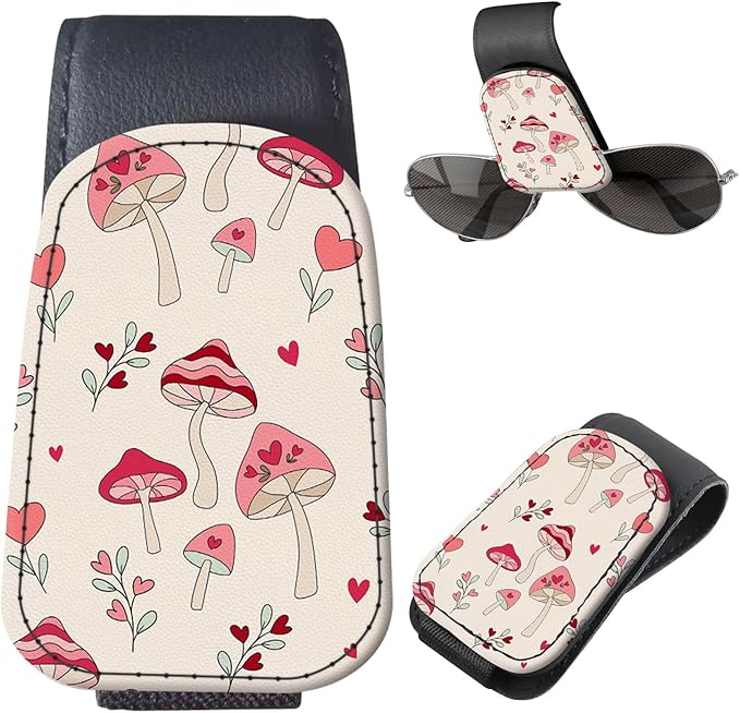 Sunglasses Holder for Car Visor, PU Leather Glasses Clip Organizer, Cute Magnetic Eyeglass Holder for Vehicle Sun Visor, Car Interior Accessory for Women & Men Pink Mushroom Garden