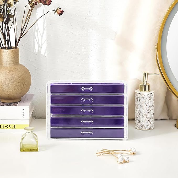 ProCase Earring Holder Organizer Jewelry Box with 5 Drawers, Acrylic Clear Earring Case with Adjustable Velvet Trays for Wome