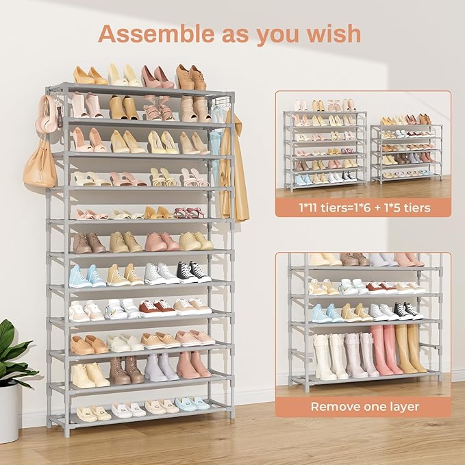 VILICK 11 Tiers Tall Wide Shoe Rack 55 Pairs Large Capacity Sturdy Durable Shoe Rack for Closet Metal Shoe Organizer Shelf wi