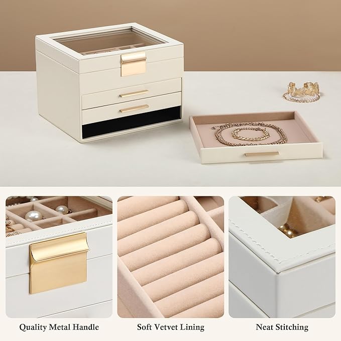 Somduy Jewelry Box Organizer for Women,4 Layers Jewelry Storage Display Box with Glass Lid,Gift for Christmas,3 Drawers,Large