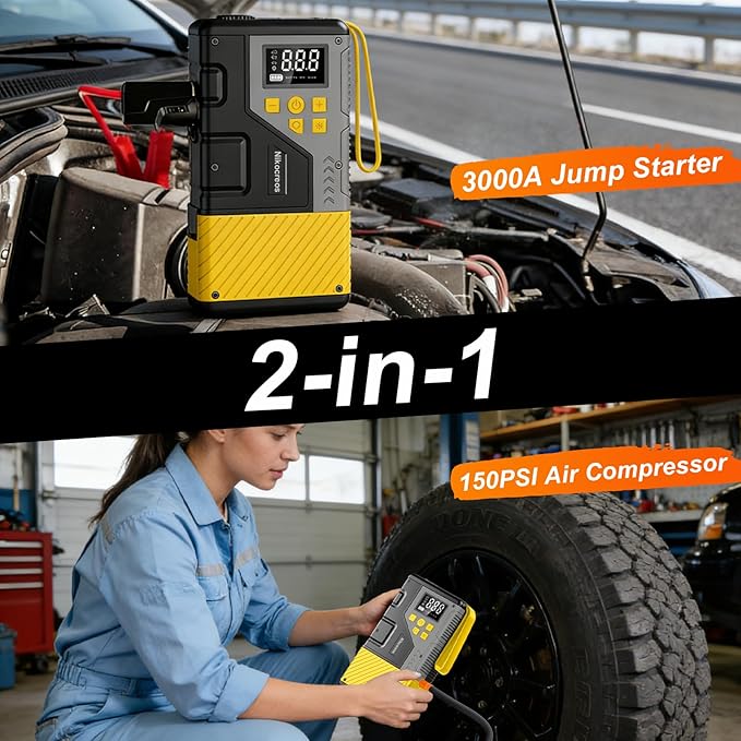 Portable Car Jump Starter with Air Compressor for Emergencies,3000A Peak and 150 PSI Max,for 12L Gas & 10L Diesel