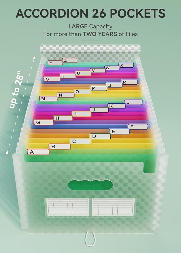 ABC life 26-Pocket Accordion File Organizer, Expandable Monthly Bill & Receipt Holder with Colored A-Z Tabs, Portable Folder 