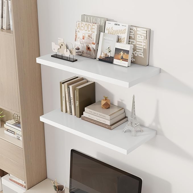 Dreamland 30" Floating Shelves for Wall, 12" Deep Slim White Floating Shelves, Wall-Mounted Shelves for Bedroom, Living Room,