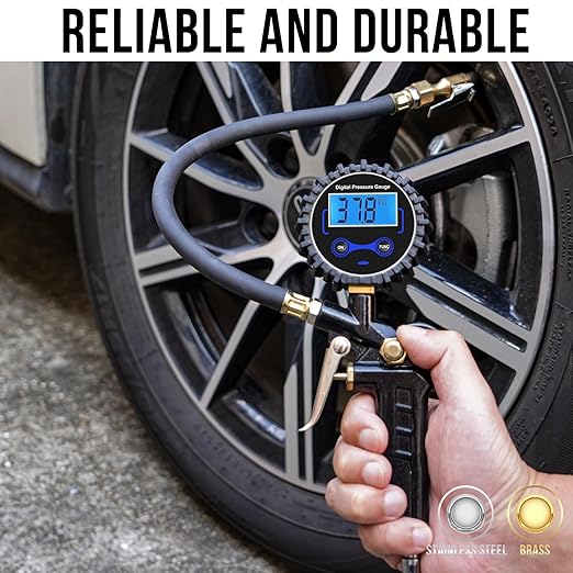 Digital Tire Pressure Gauge with Inflator, Air Compressor Accessories with Air Chuck Quick Connect Coupler, Car Attachments with Rubber Hose for Car, Truck, SUV, Cycle, RV, 250 PSI