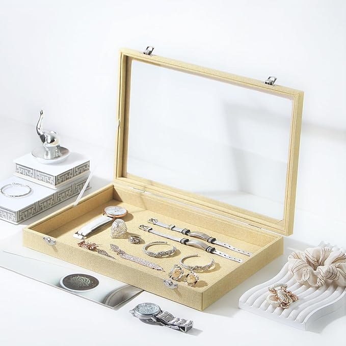 Coward Jewelry Organizer Box, Yellow Linen Blank Display Tray Case with Lid for Storage Necklaces Bracelets Rings Beads and J