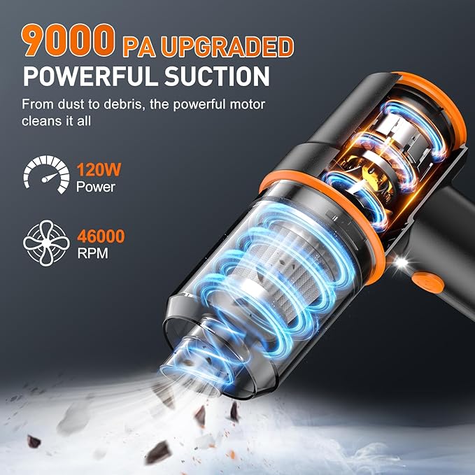 KMM Handheld Car Vacuum Cleaner, 9000PA Vacuum Cleaner & Air Duster, 120W High Power Vacuum Portable Cordless, Hand Held Vacu